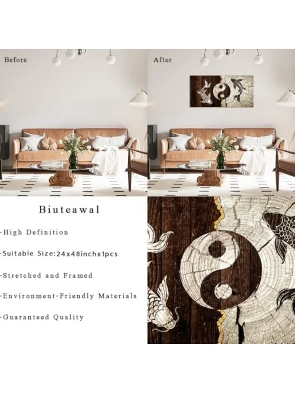 Large Koi Fish Canvas Wall Art 3 Panel Set - Yin Yang Symbol, Retro Chinese